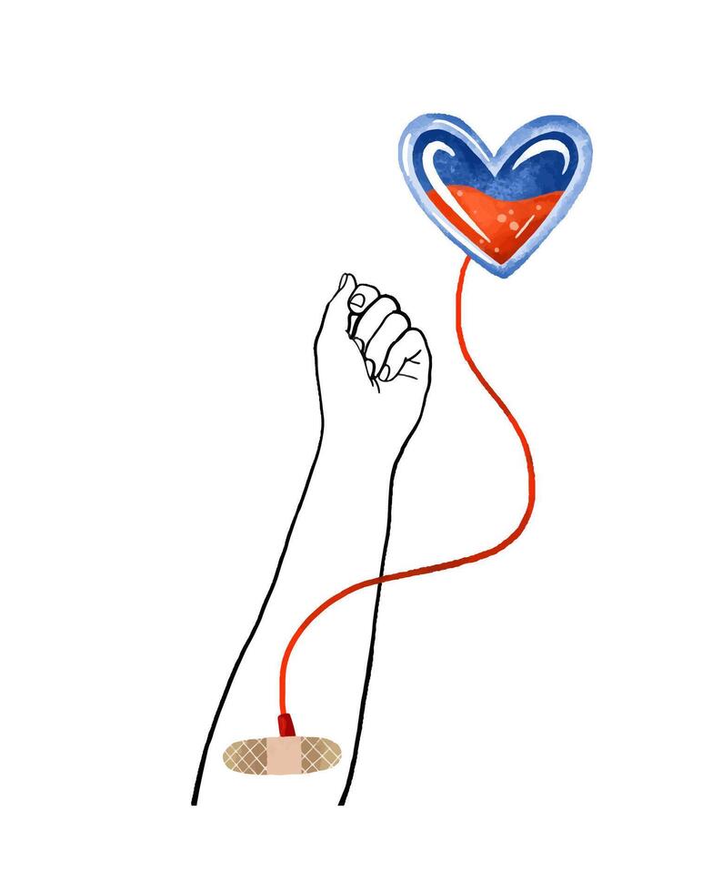 Set with hands donor gives blood from a vein. Volunteers. Blood vector