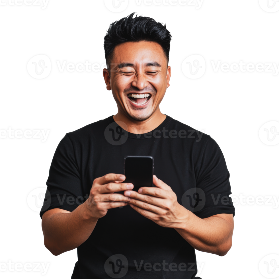 Happy man enjoying smartphone in a casual setting png