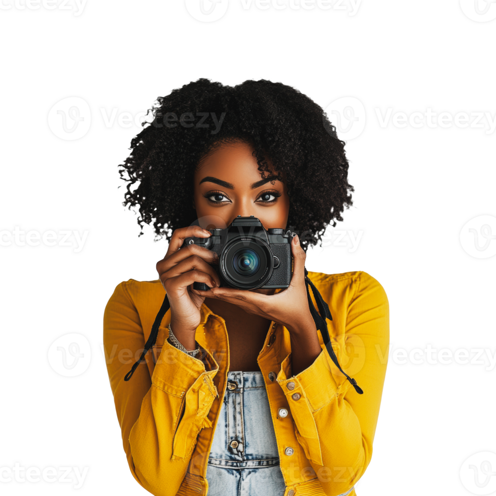 Young woman poses with camera inside studio png