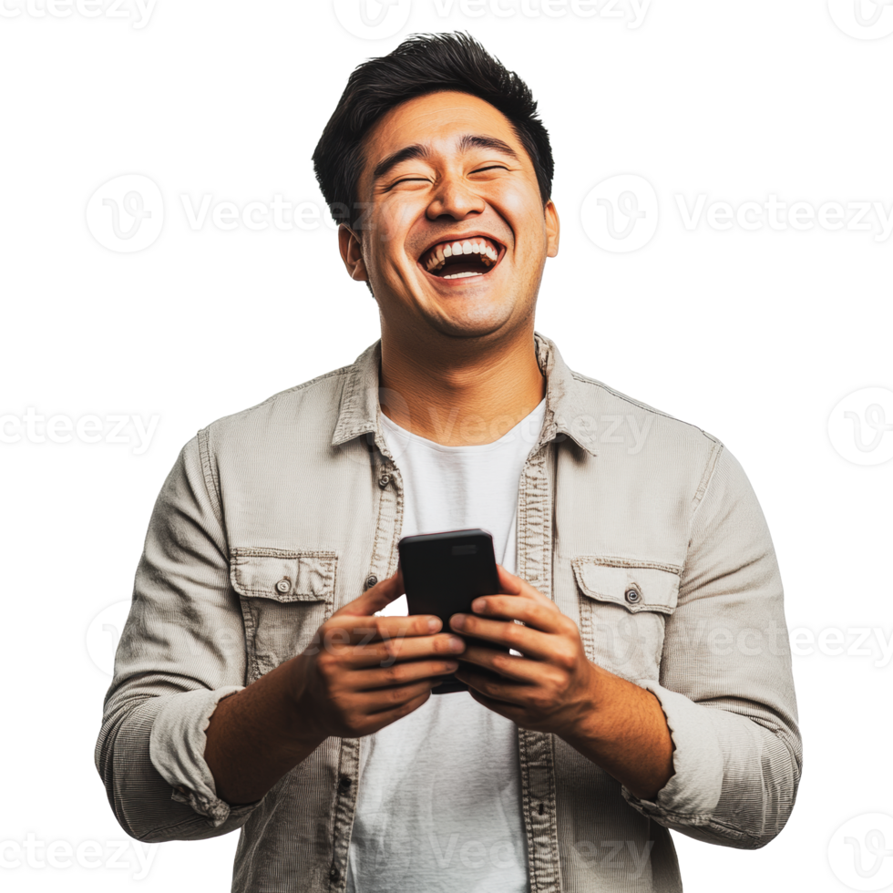Young man laughing while using a smartphone png