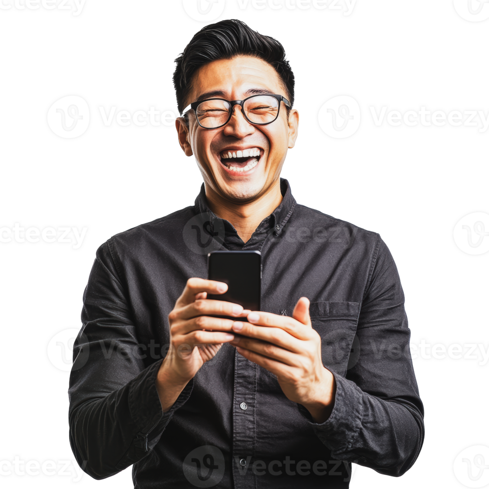 Man laughing while using a smartphone indoors png