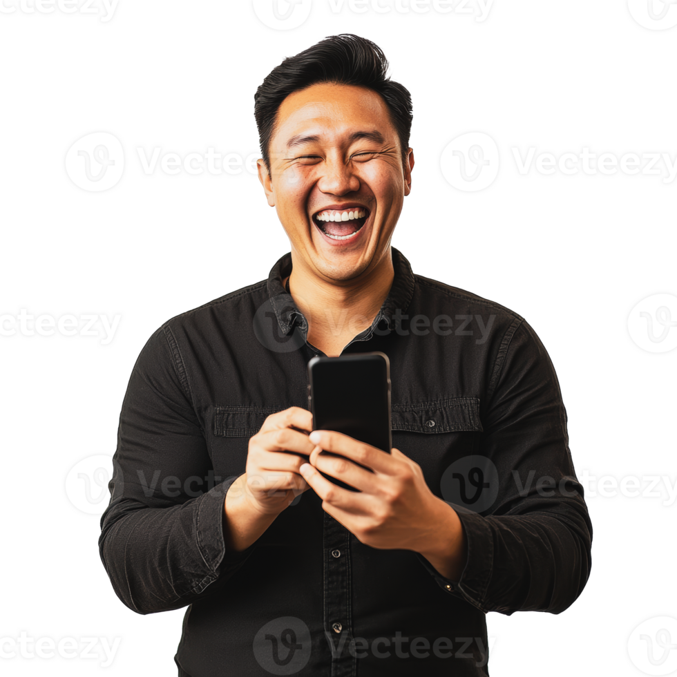 Man laughing while using a smartphone indoors png