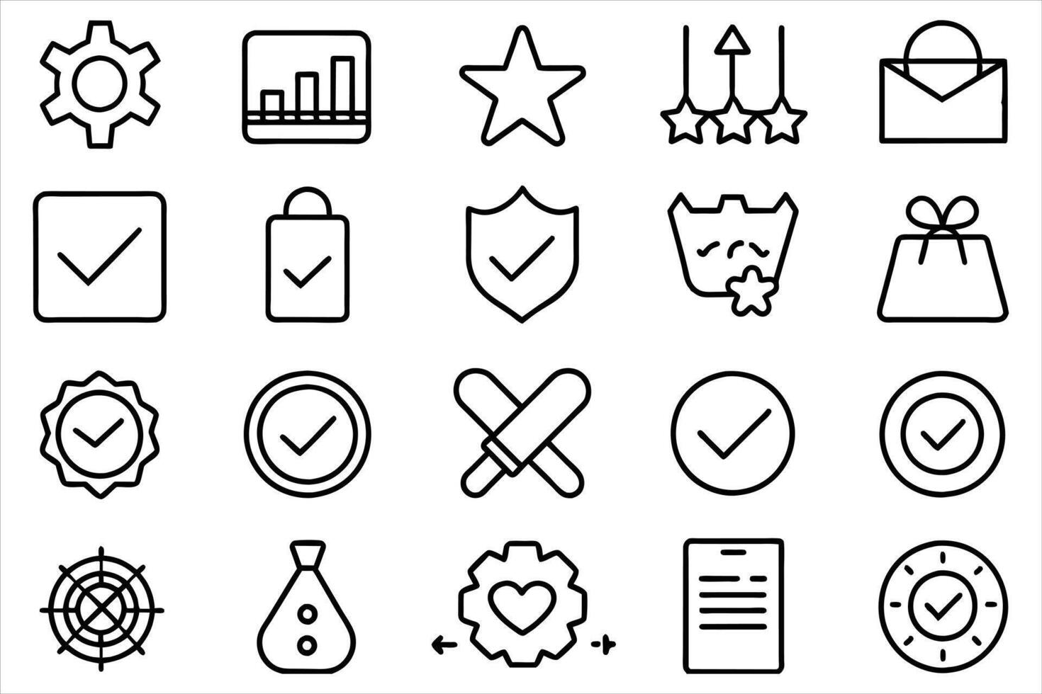 set of checkmark and quality product line icons, contains such as check, document and more. editable stroke outline icons set. vector