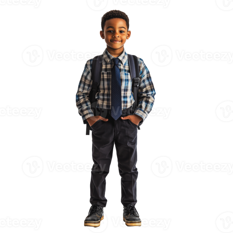 Young boy in plaid shirt and tie with backpack png