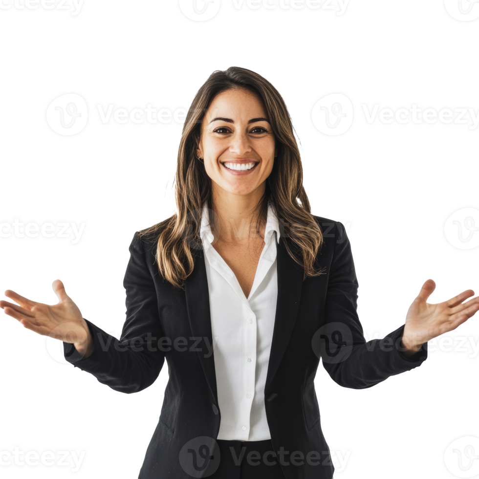 Professional woman welcoming guests in a suit png
