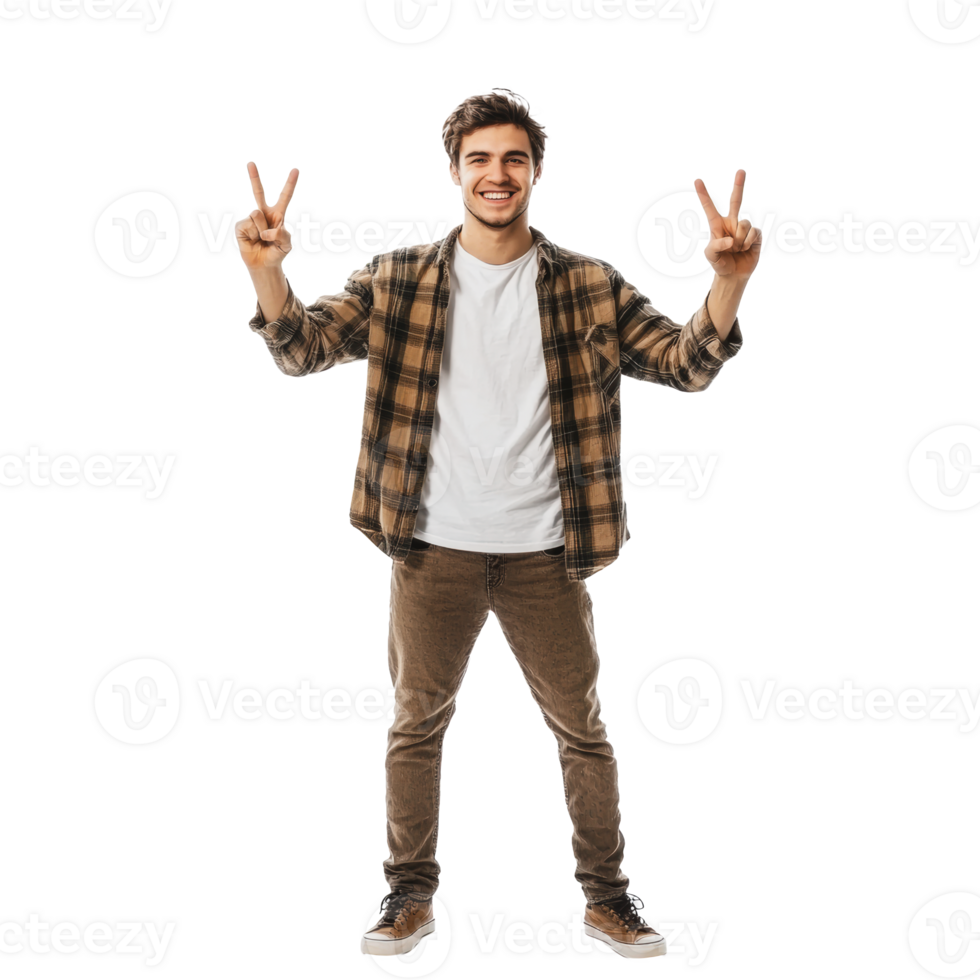 Smiling young man with peace signs indoors png