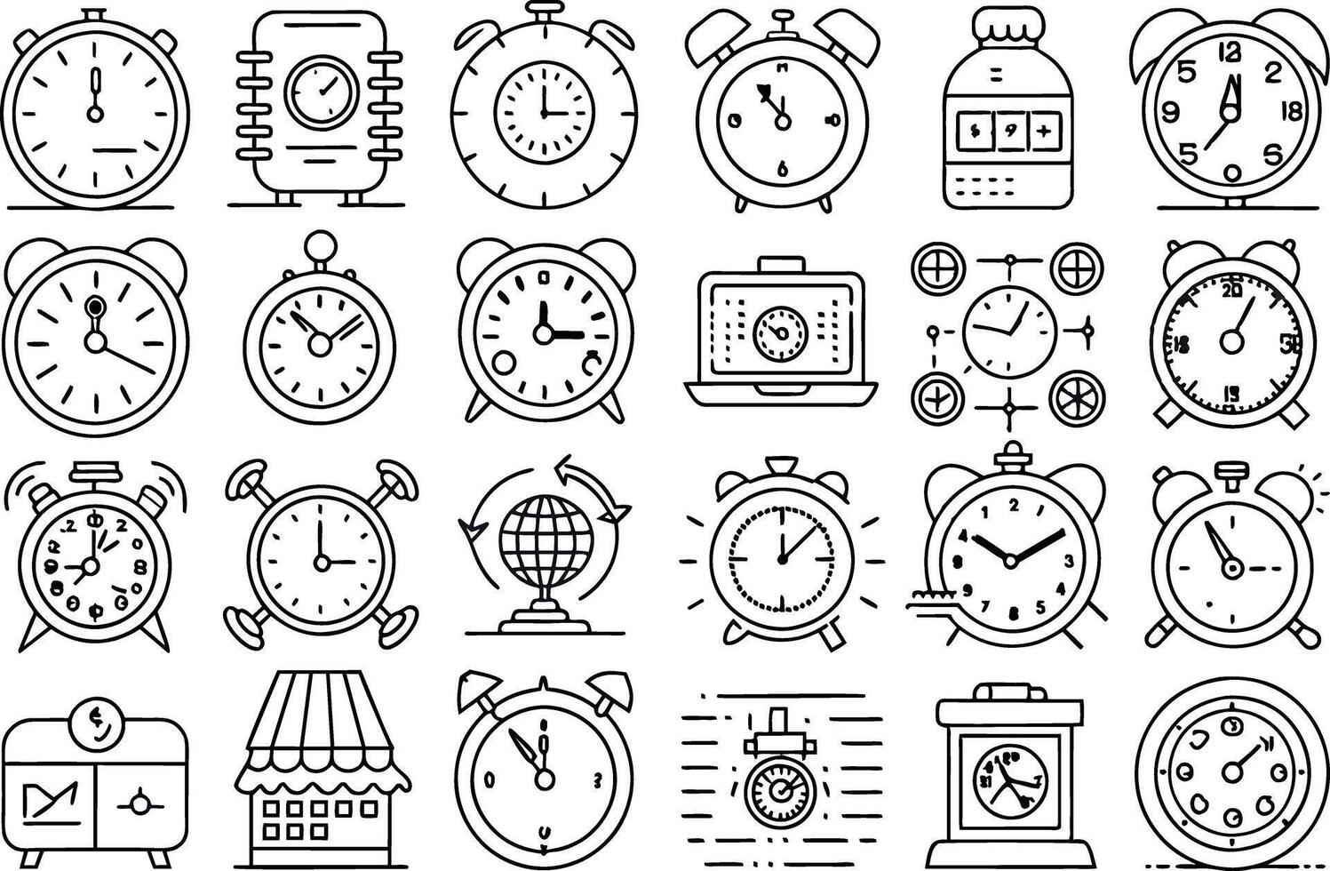 alarm clock icon set. Time, date and address concept. editable stroke outline icons set. vector