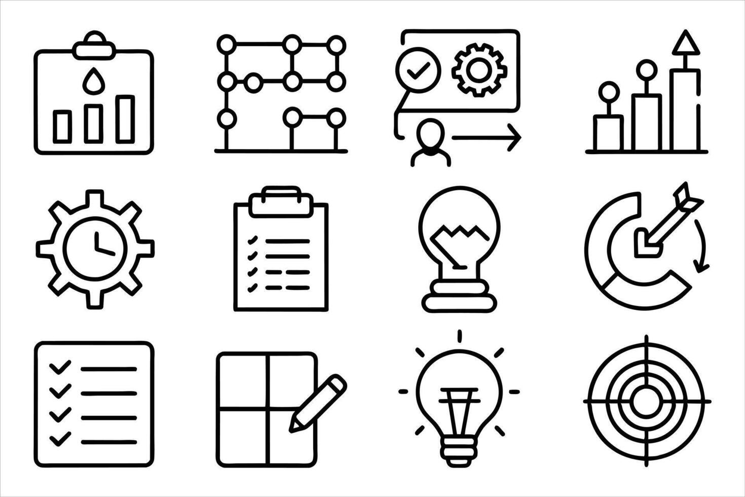 Action plan icon set. Containing planning, schedule, strategy, analysis, tasks, goal, collaboration and objective icons. editable stroke outline icons set. vector
