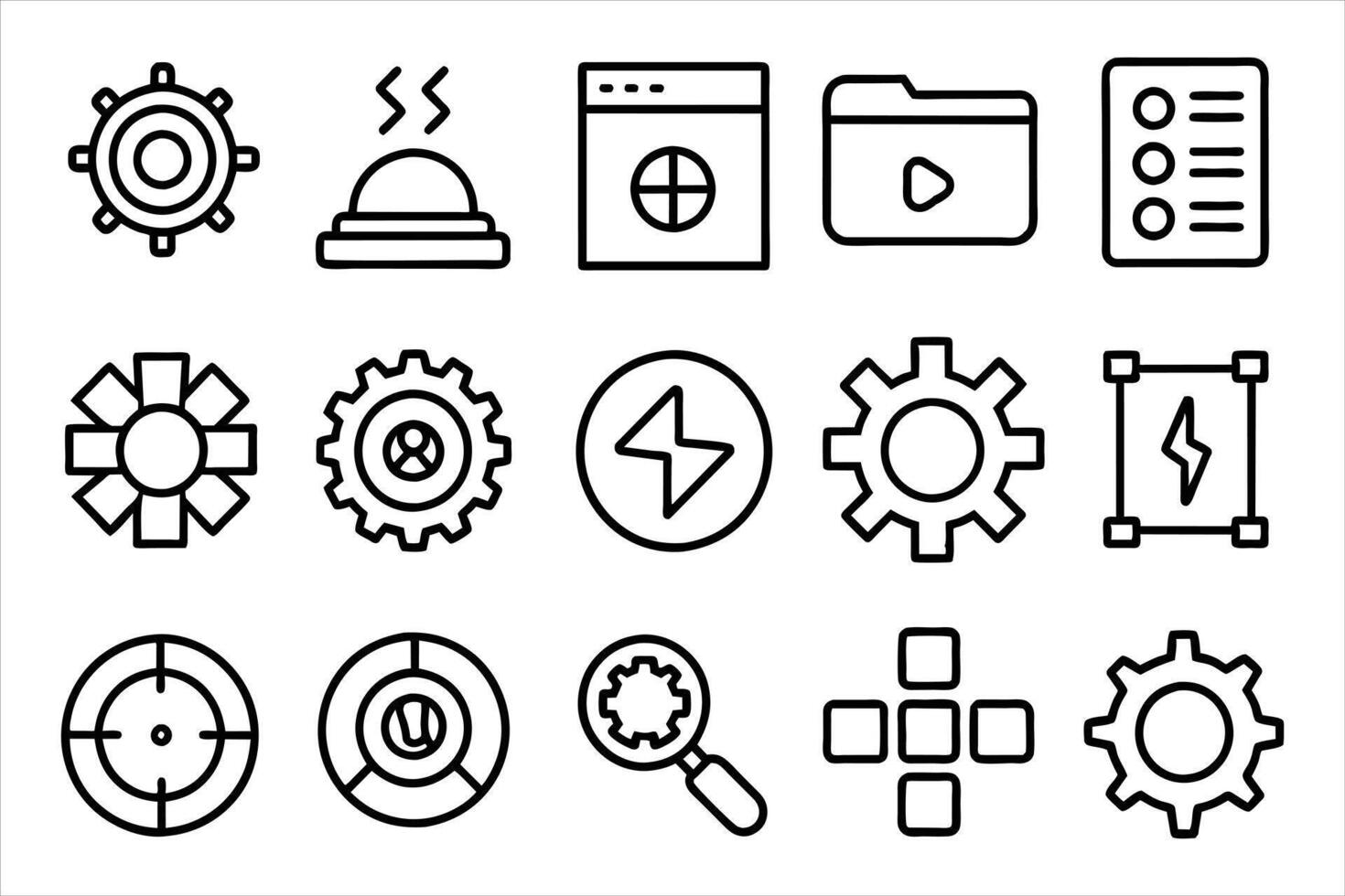 Settings or Setup outline icons with editable stroke collection. Includes Cogwheel, Web Development, Security, Customization, Preferences, and More. vector