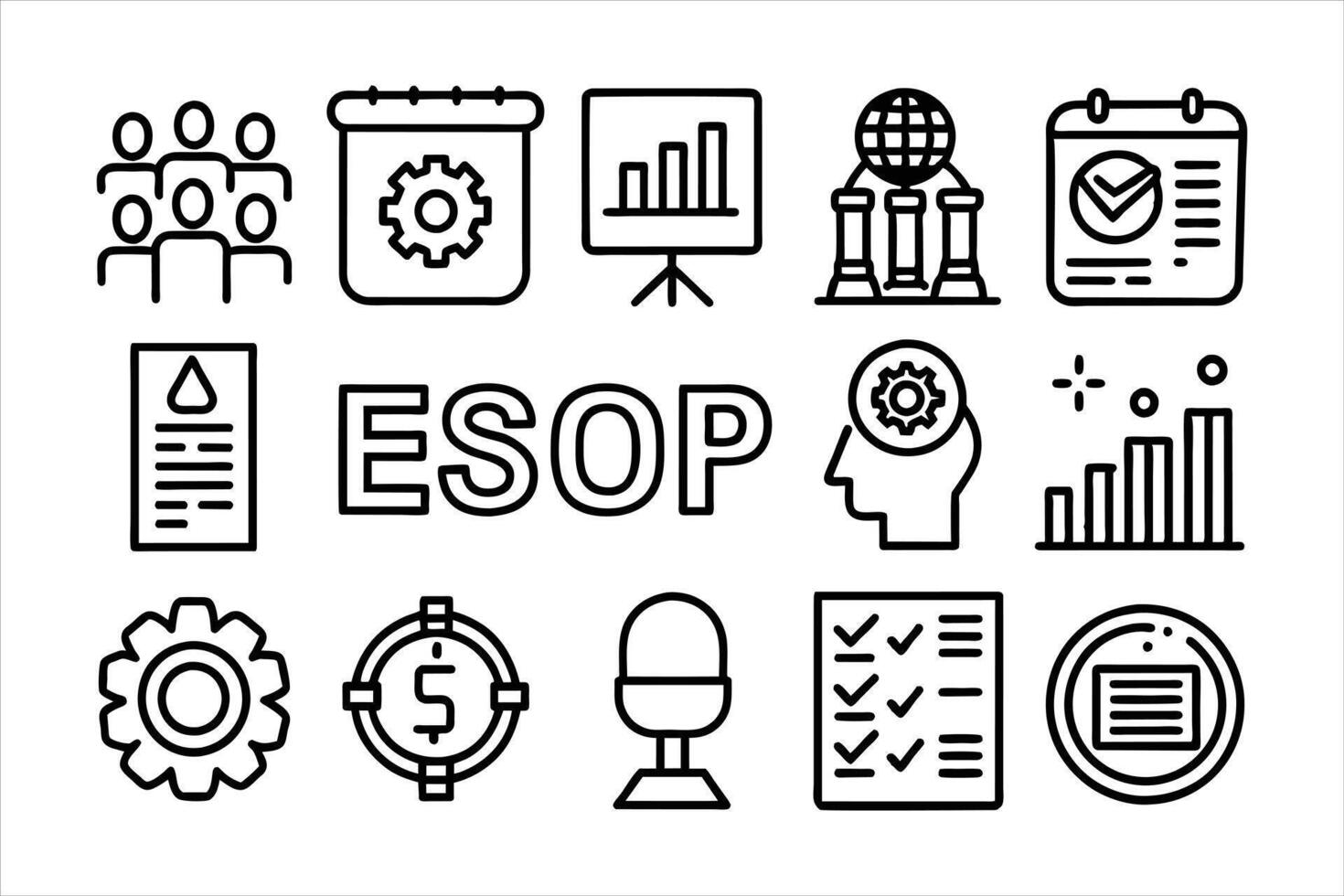 ESOP, Employee Stock Ownership Plan, business concept thin line icon set. Outline symbol collection. Editable stroke. vector
