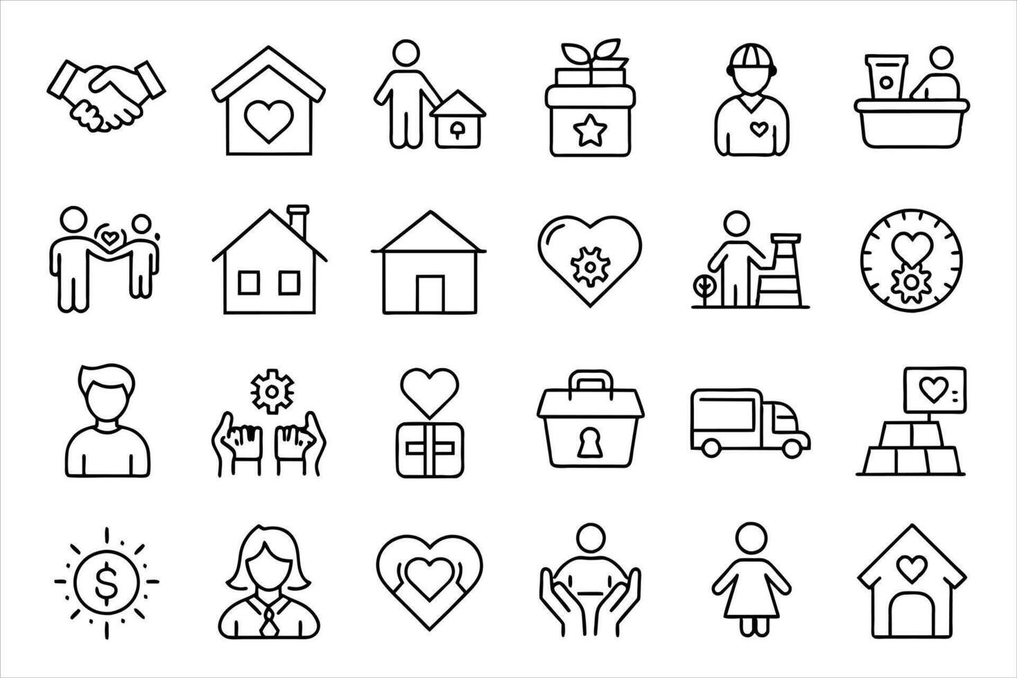 Charity icon set. Editable stroke. Charity, Charitable Donation, A Helping Hand, Volunteer, Heart Shape, Donation Box, Fundraising. editable stroke outline icons set. vector
