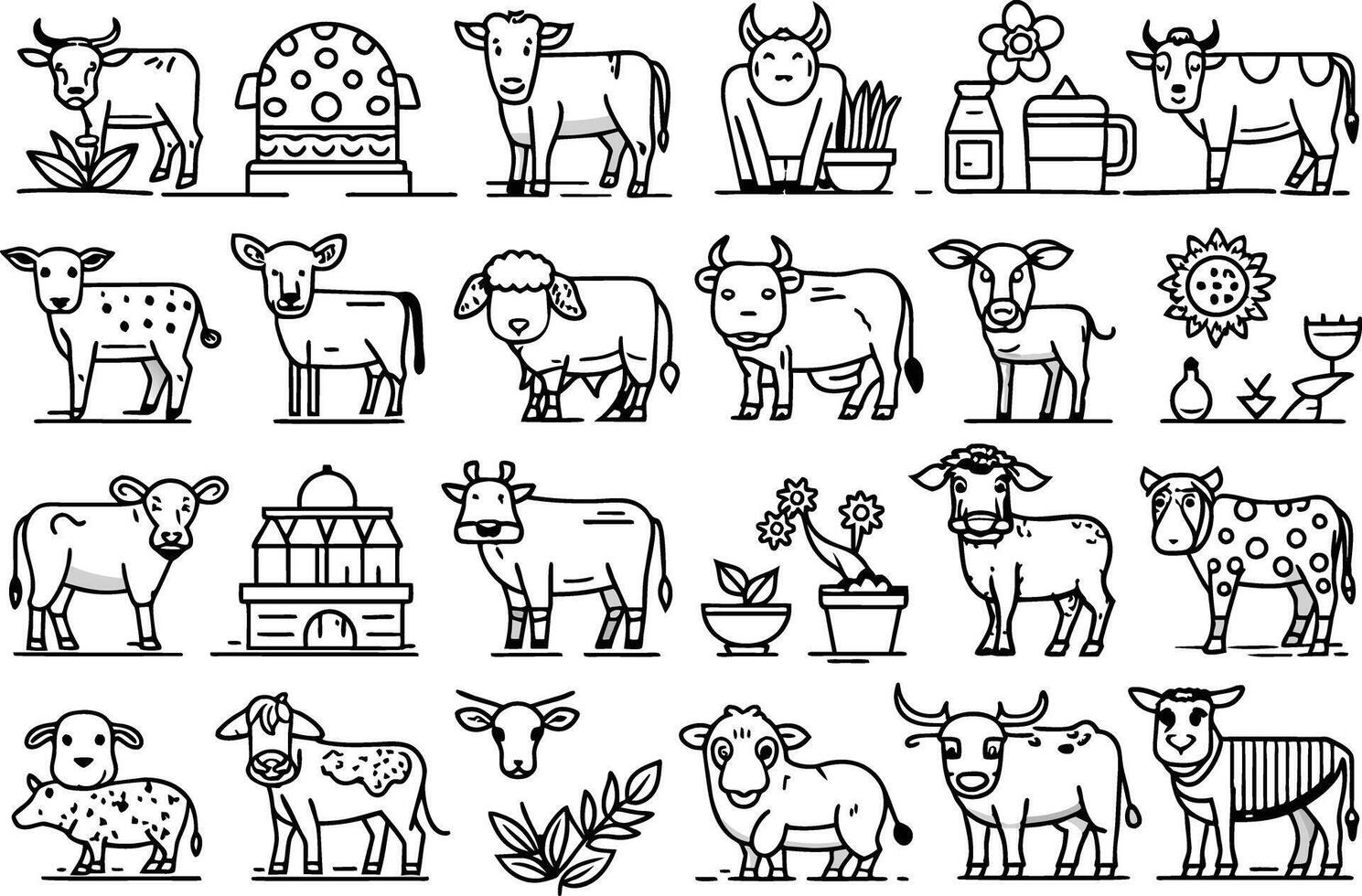 cow icon set. editable stroke outline icons set. vector
