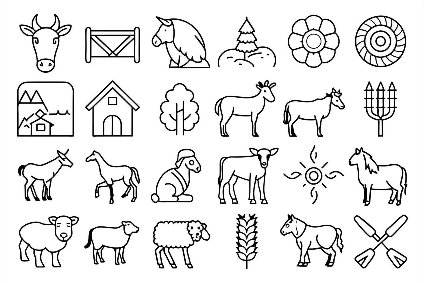 Farm and hunting animals, thin line icon set. Symbol collection in transparent background. Editable stroke vector