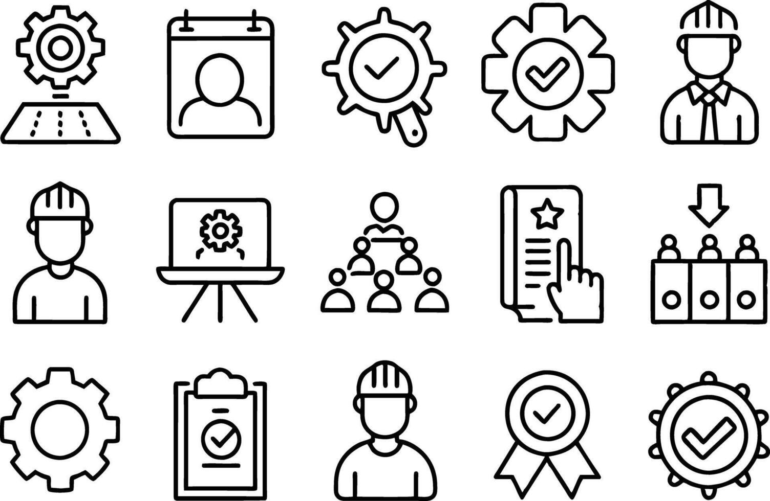 Quality Check, Inspection, Evaluation, Production, Improvement and More. editable stroke outline icons set. vector