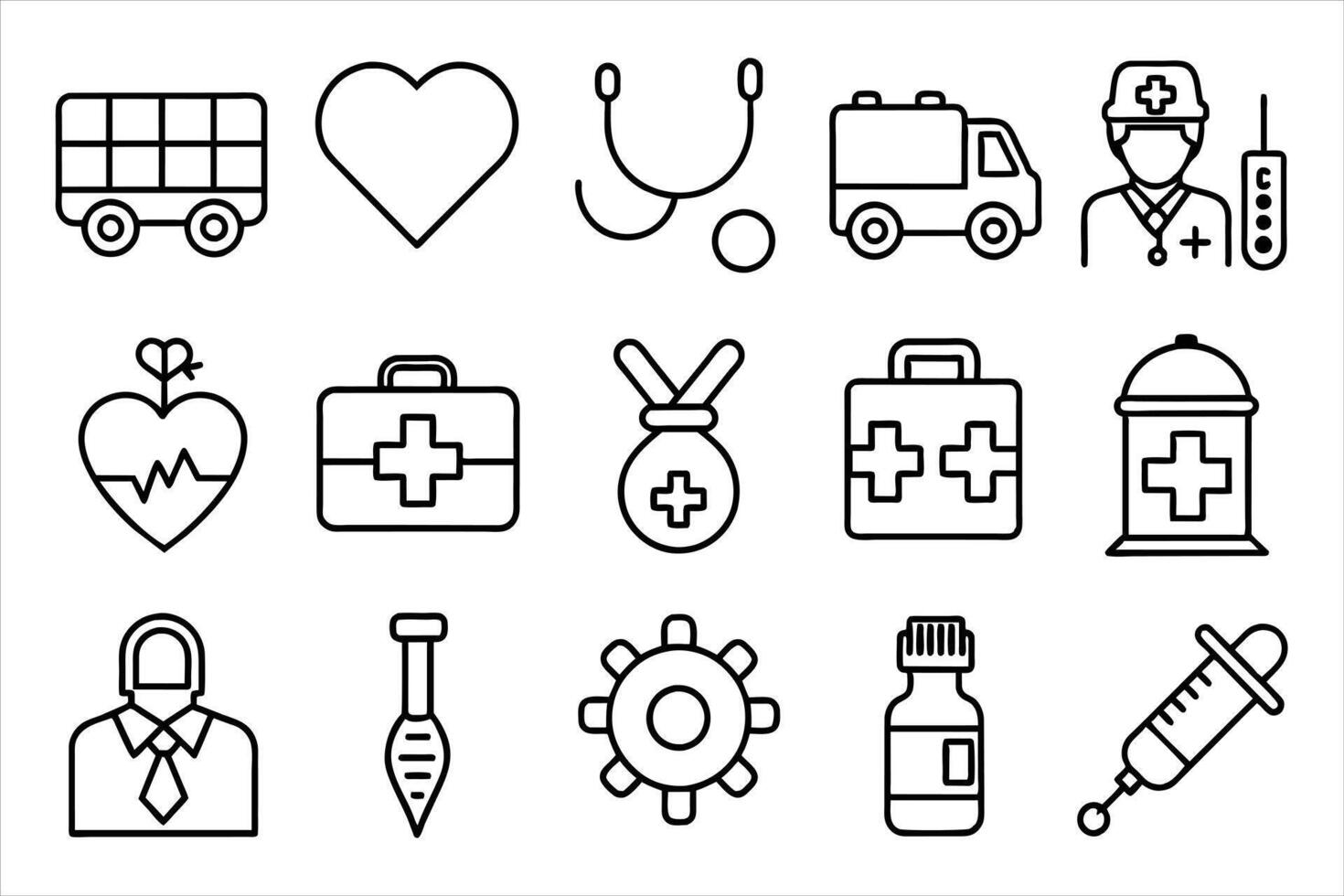 Medical Line Icon Set contains Stethoscope, Ambulance, Nurse, Doctor, Syringe, Serum, First Aid Kit and so on icons. vector