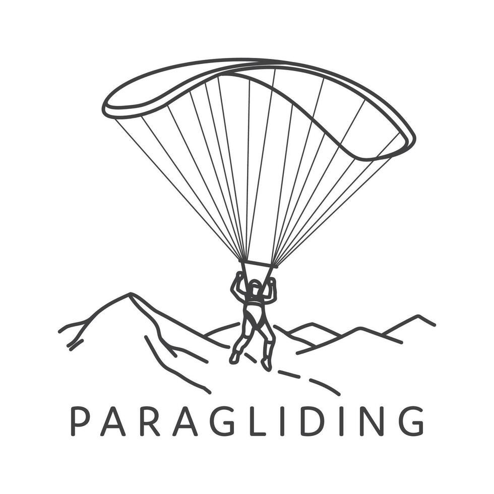 A simple line art illustration of a paraglider soaring over mountain peaks. vector