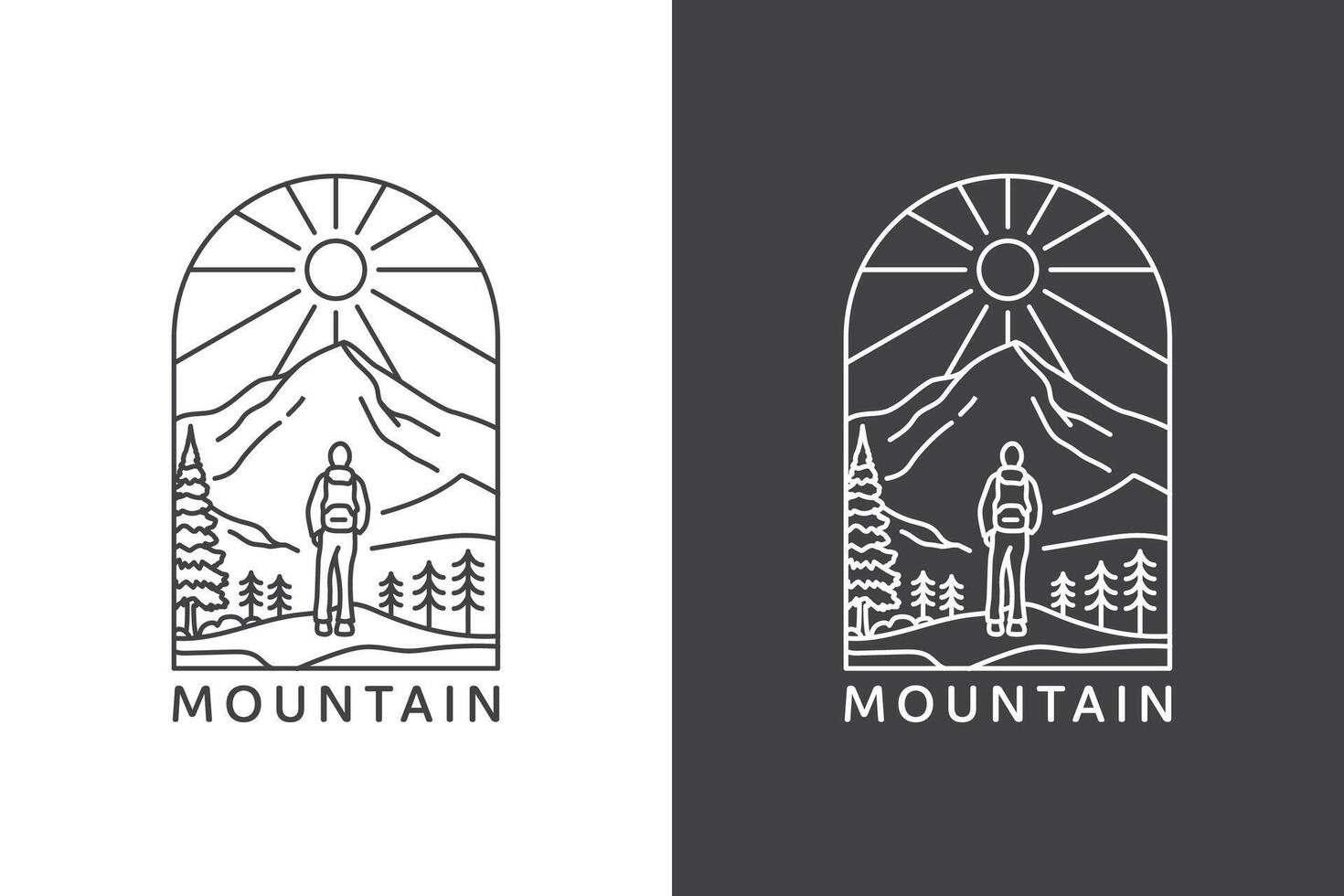 A minimalist line art illustration depicting a hiker standing in front of a mountain with the sun in the background. vector