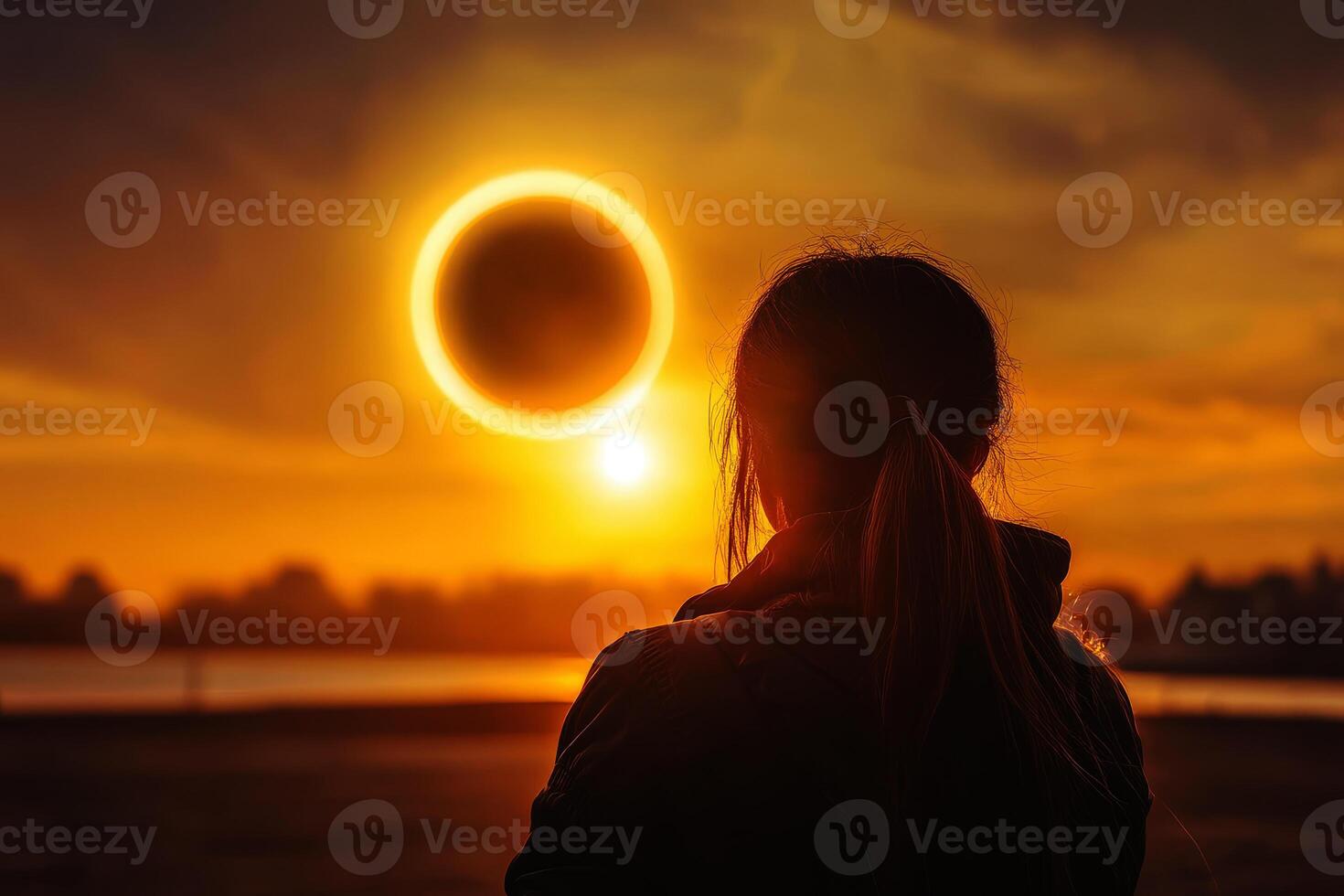 rear view of woman looking at solar eclipse in the sky. photo