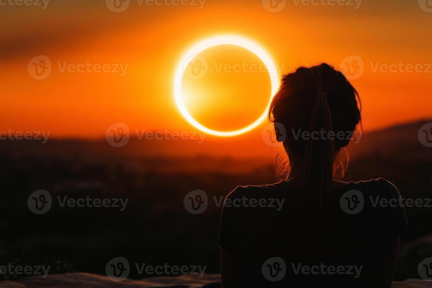 rear view of woman looking at solar eclipse in the sky. photo
