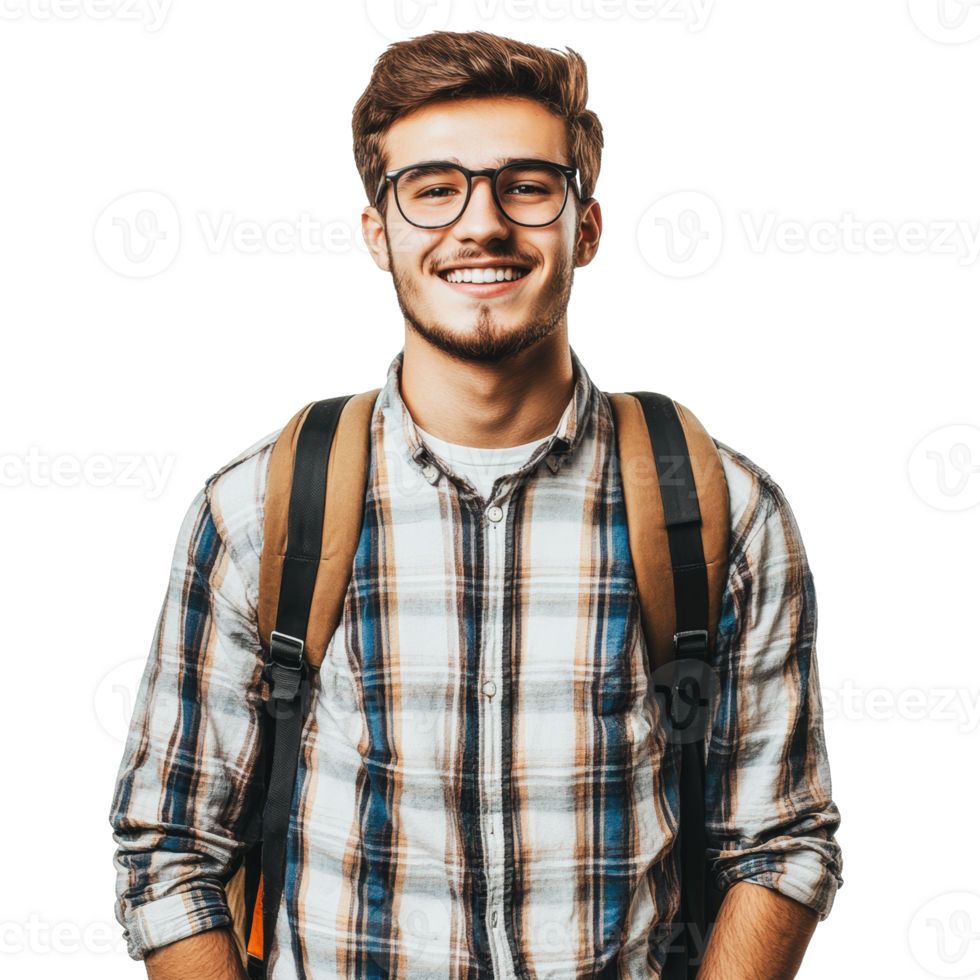 Young man smiling with a backpack indoors png