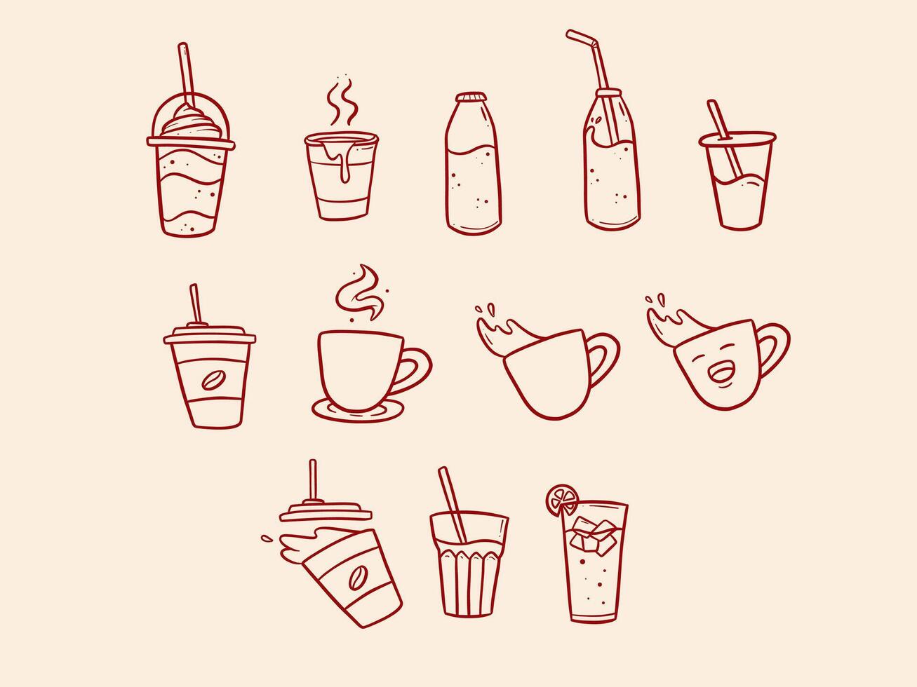 Set of cafe beverage drink menu line art doodle illustration vector