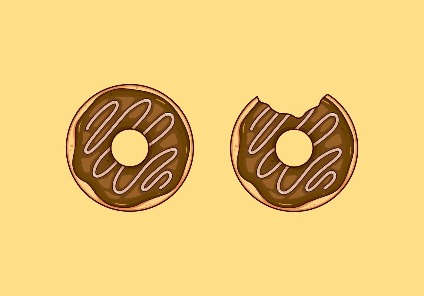 yummy doughnut and bitten doughnut with chocolate glaze top view illustration vector