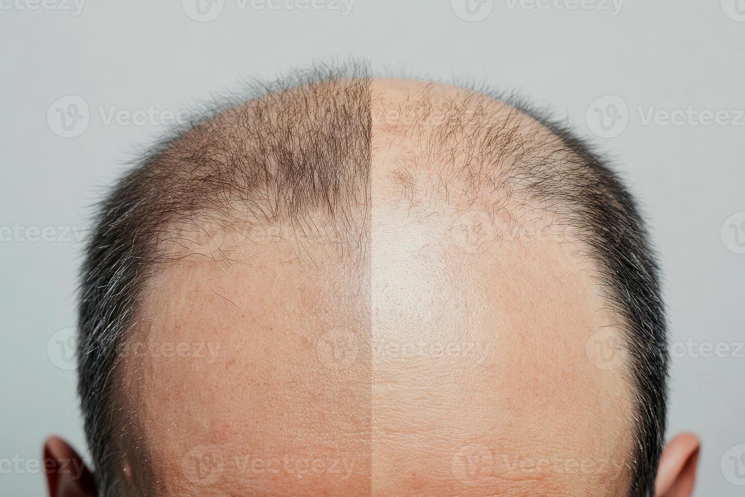 The difference between a man's hair before and after treatment for hair loss. Hair transplant. photo