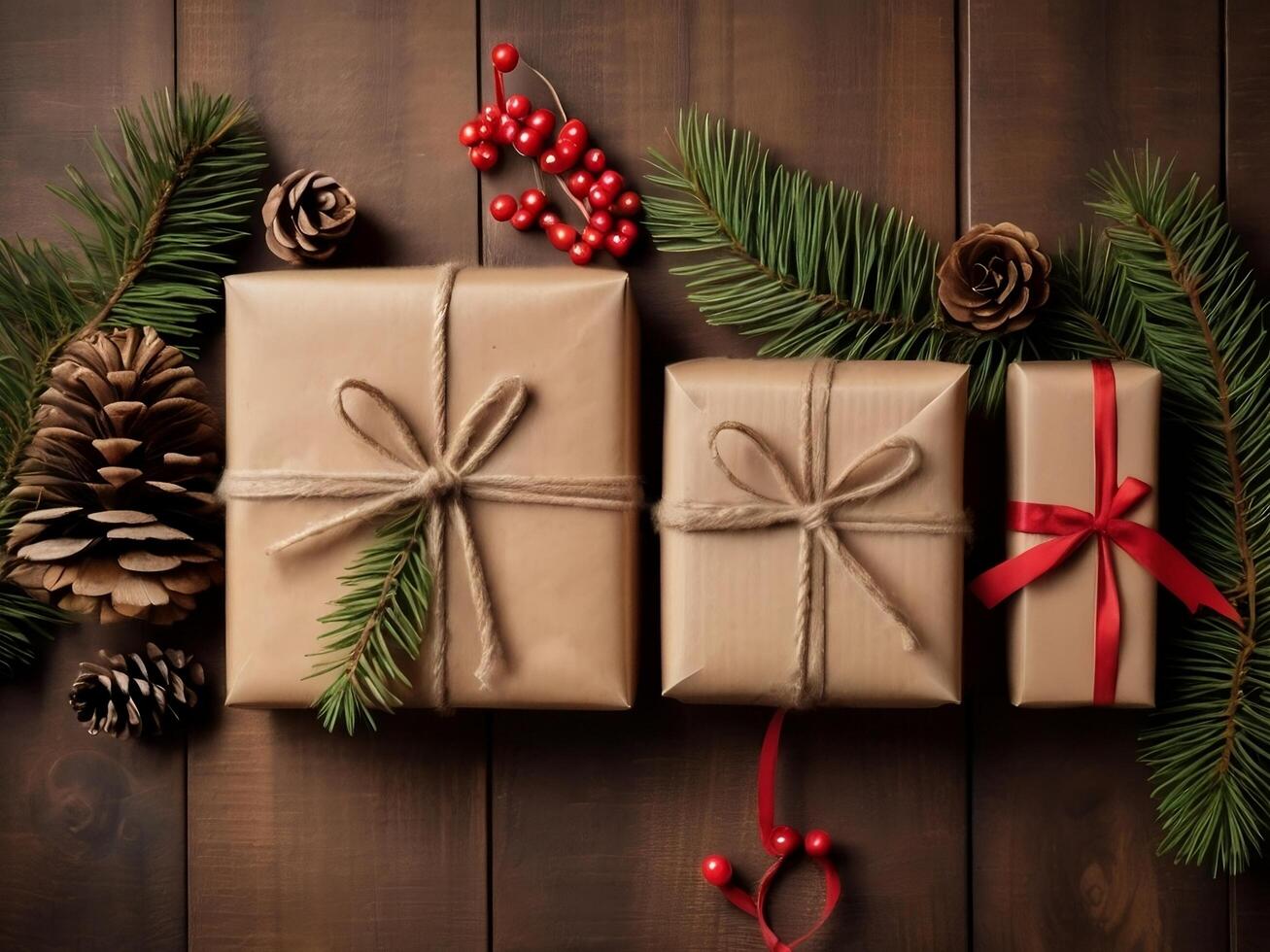 Christmas gift box, Rustic style background with Christmas gift boxes wrapped in brown kraft paper and tied with string photo
