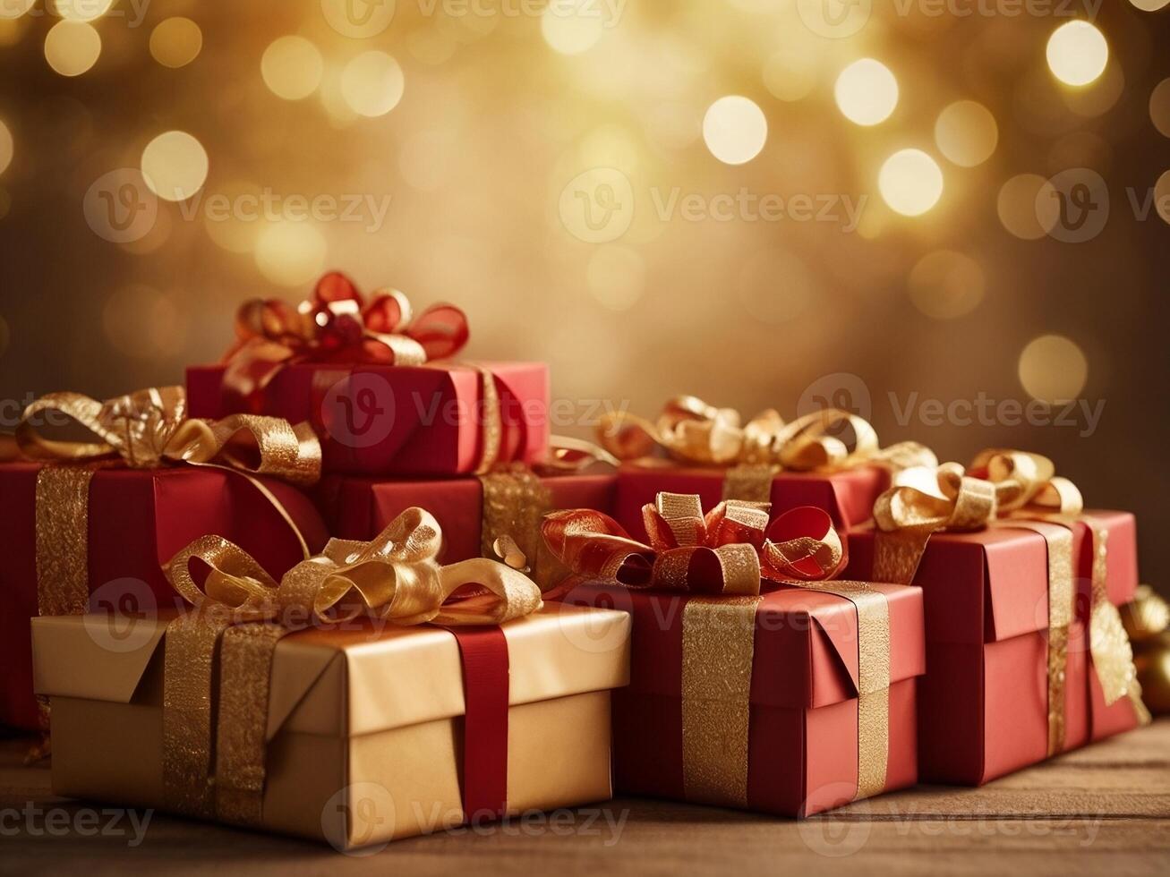 Background with bokeh effect with sparkling lights. Contains many Christmas gift boxes wrapped in red and gold paper. photo