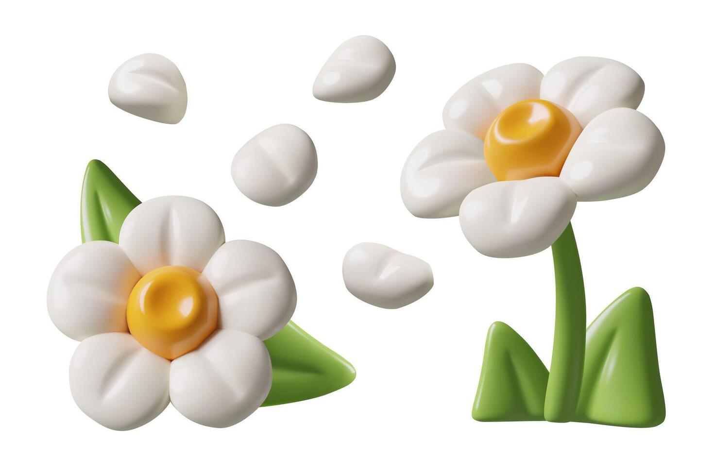 3D daisy flowers petals and green leaves three dimensional minimal floral design elements set vector