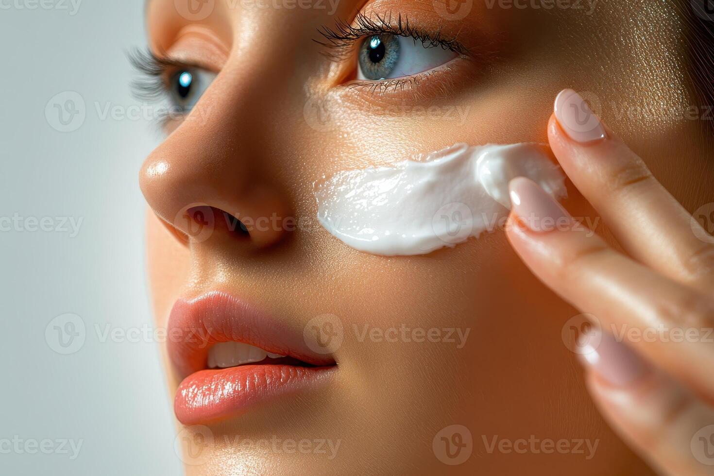 Beauty Model woman Pointing Up - Clear Skin Cosmetic Advertisement photo