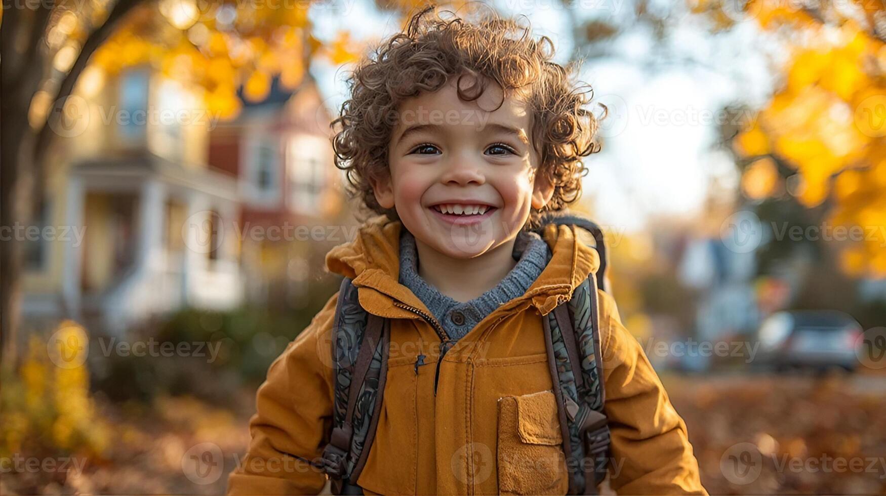 The image features a joyful young boy with curly hair, wearing a yellow jacket and a backpack, smiling brightly while standing on a tree-lined street during autumn photo