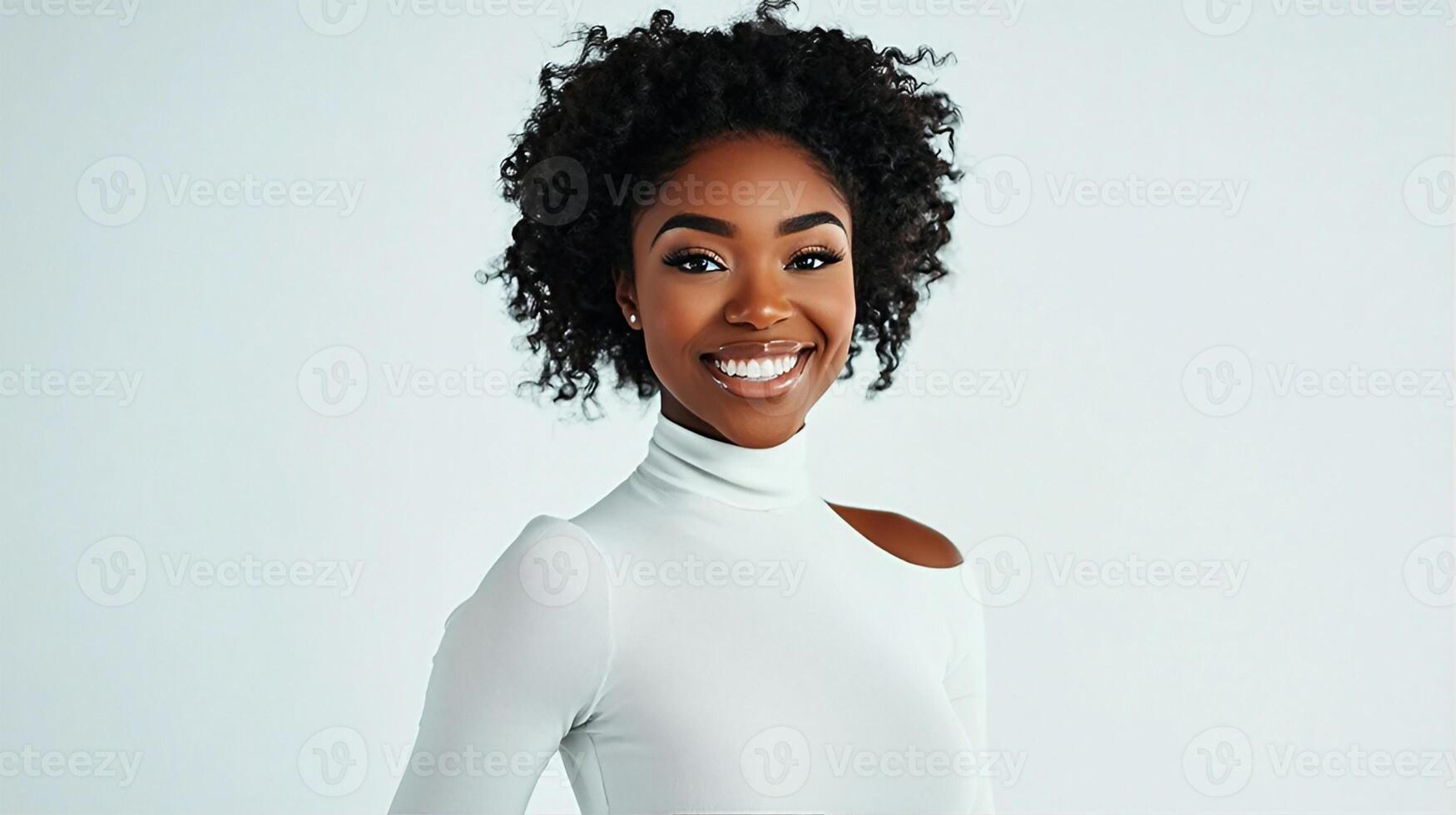 A stunning portrait of a smiling woman with curly hair wearing a white turtleneck. The image has a clean, minimalist background photo
