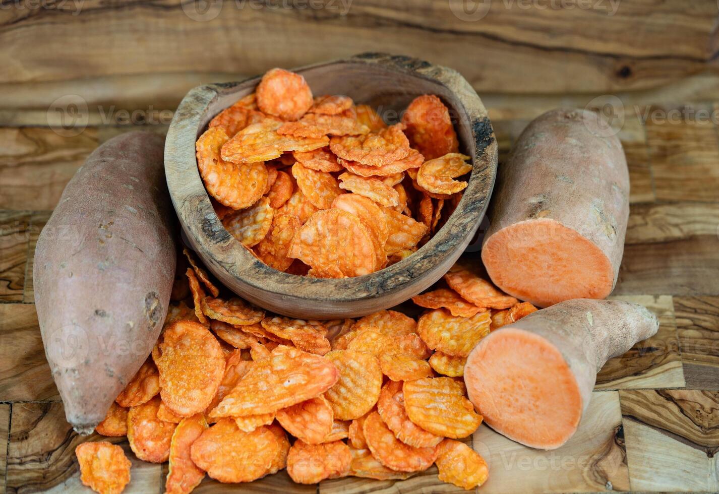 fried and salted chips of Yam the sweet potatoe Ipomoea batatas photo