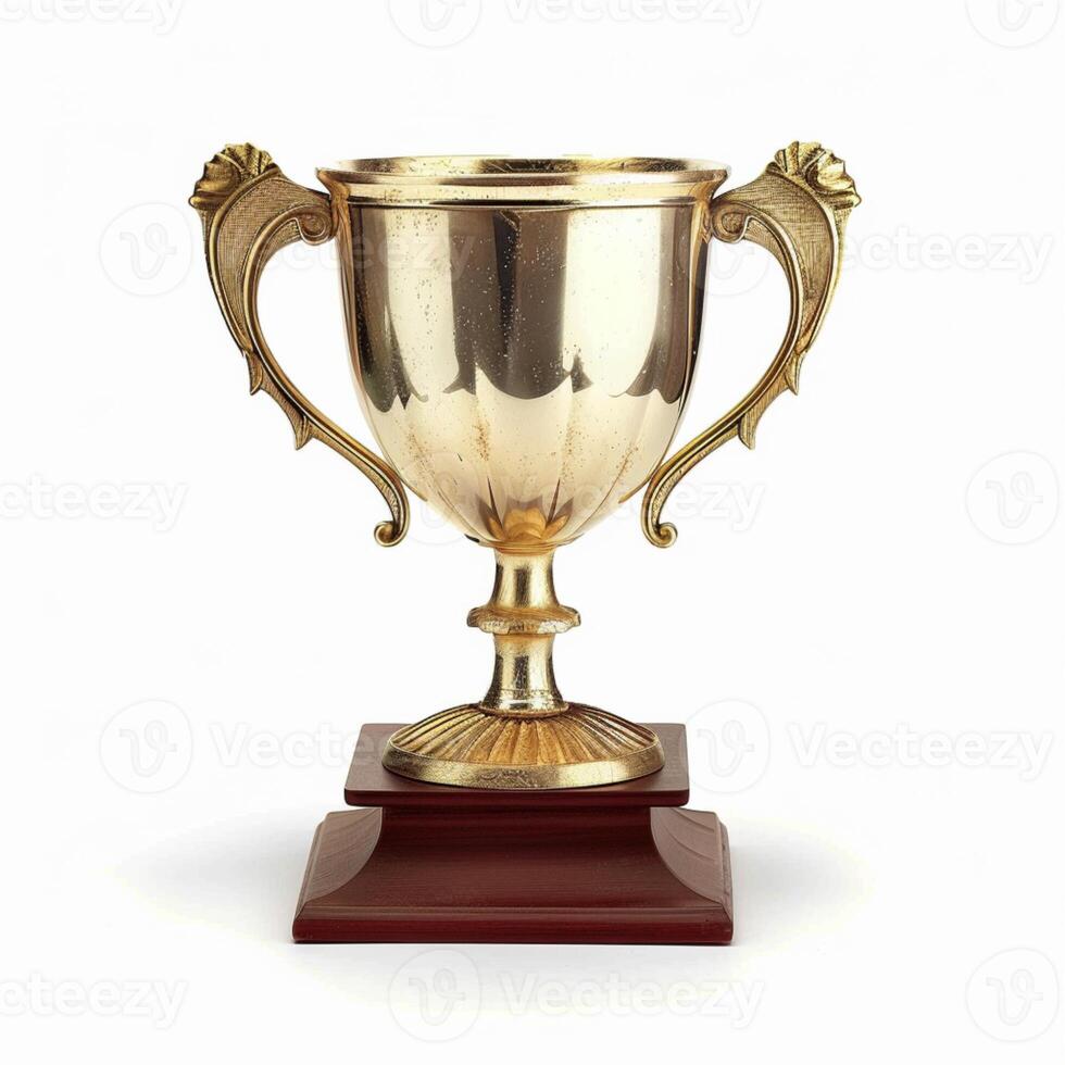 A high-quality 3D rendering of a golden trophy with ornate handles and a wooden base. The trophy has a blank plaque for custom engraving photo
