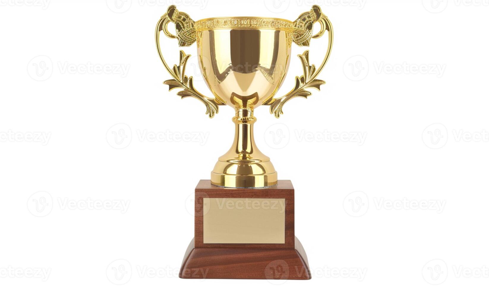 A high-quality 3D rendering of a golden trophy with ornate handles and a wooden base. The trophy has a blank plaque for custom engraving photo