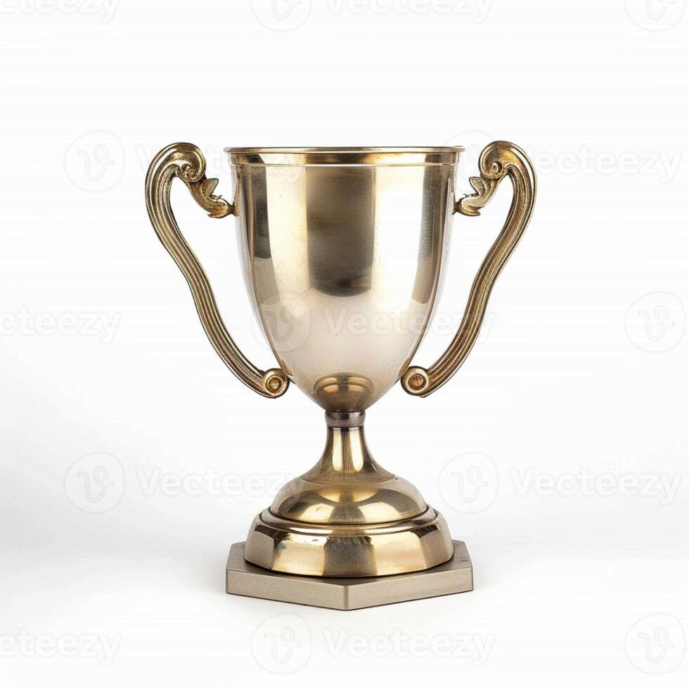 A high-quality 3D rendering of a golden trophy with ornate handles and a wooden base. The trophy has a blank plaque for custom engraving photo