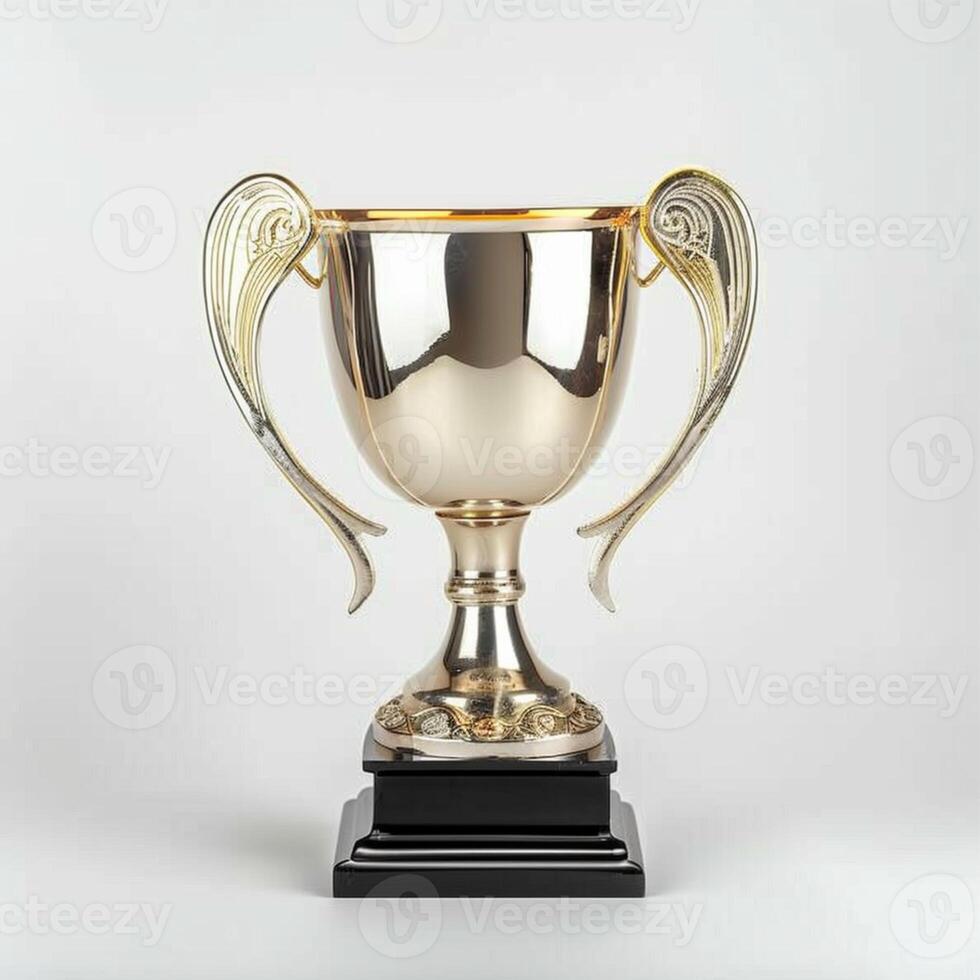 A high-quality 3D rendering of a golden trophy with ornate handles and a wooden base. The trophy has a blank plaque for custom engraving photo