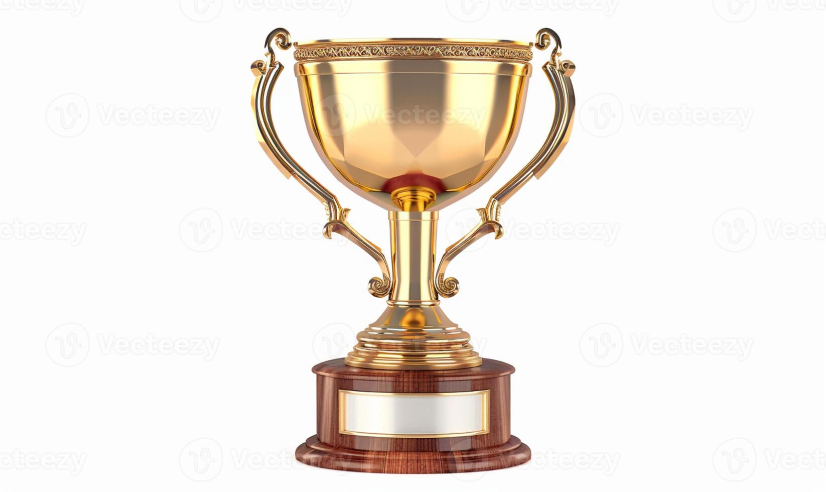 A high-quality 3D rendering of a golden trophy with ornate handles and a wooden base. The trophy has a blank plaque for custom engraving photo