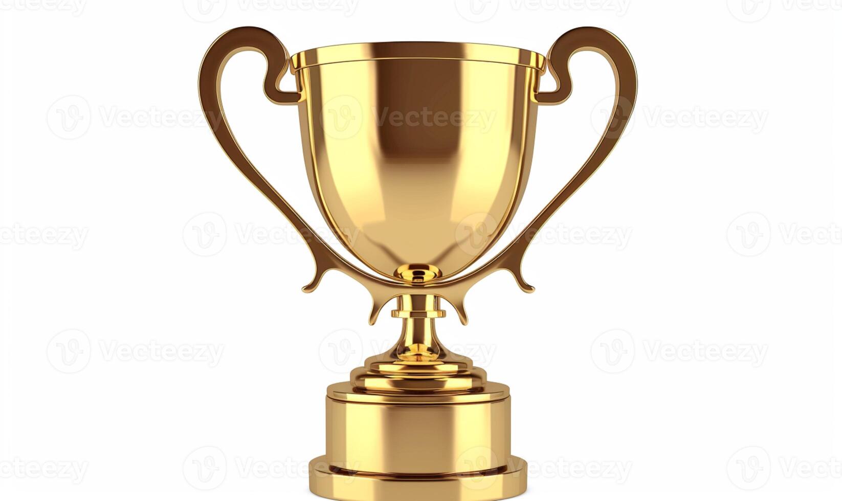 A high-quality 3D rendering of a golden trophy with ornate handles and a wooden base. The trophy has a blank plaque for custom engraving photo