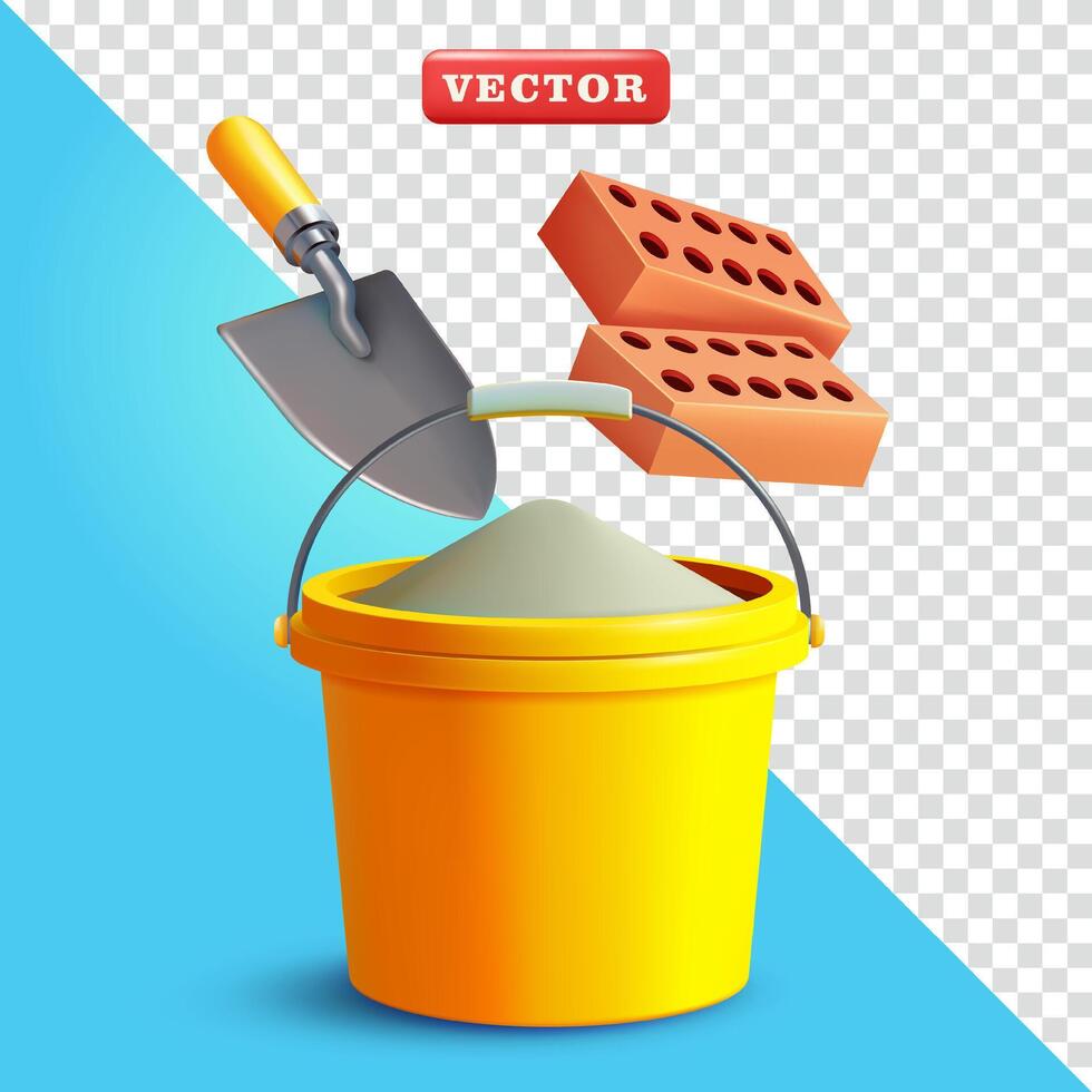 Brick shovel and Bucket filled with cement, 3d. Suitable for industrial and design elements vector