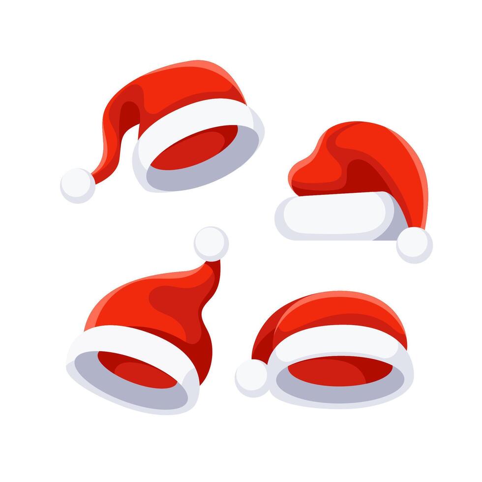 Set of four santa claus hats falling against a white background, perfect for holiday themed designs vector