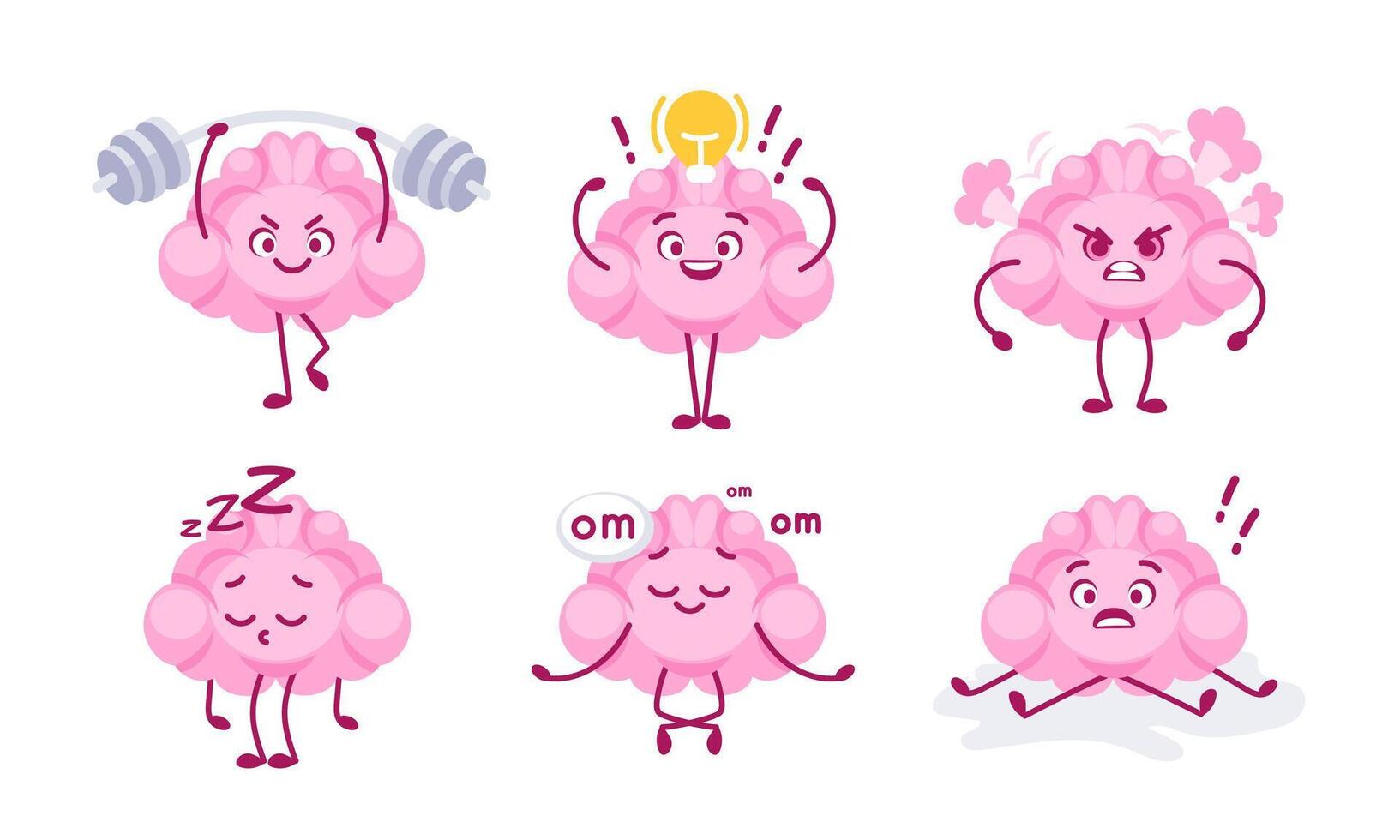 Set of cartoon brains representing mental states such as anger, relaxation, concentration, and sleepiness vector