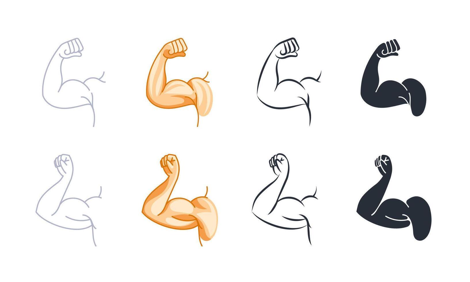 Set of strong arms showing biceps muscle, flexing powerful forearm, in cartoon, silhouette and line art style vector