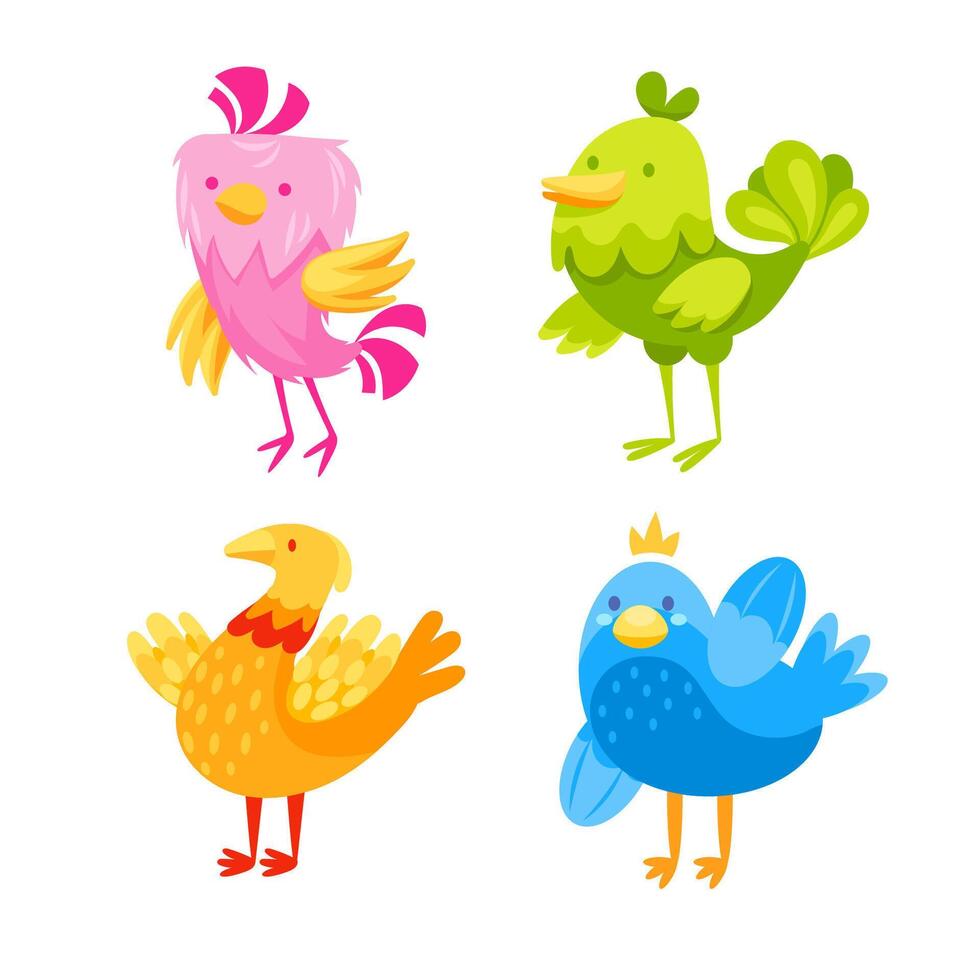 Four colorful birds standing on thin legs with wings spread wide and smiling happily vector