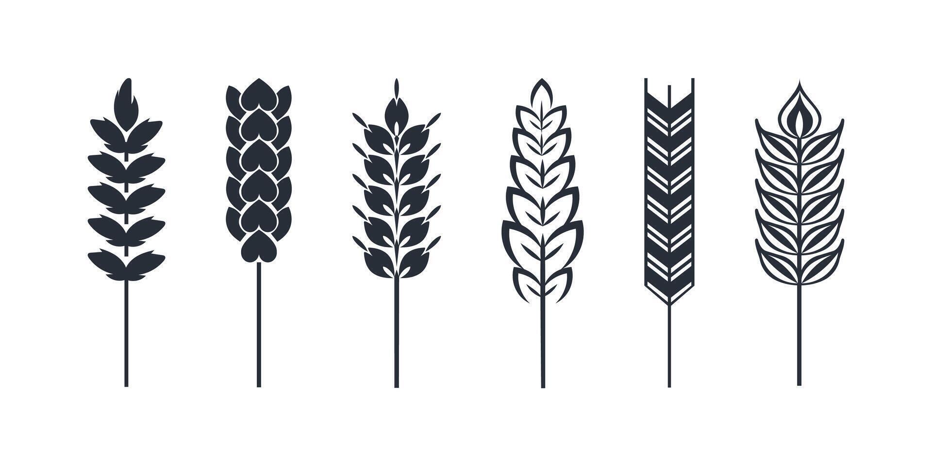 Six different minimalist icons representing wheat stalks, ideal for agriculture and food industries vector