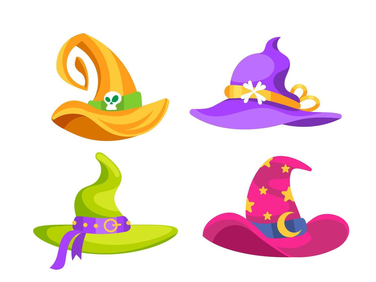 Four colorful witch hats showing halloween symbols are isolated on a white background vector