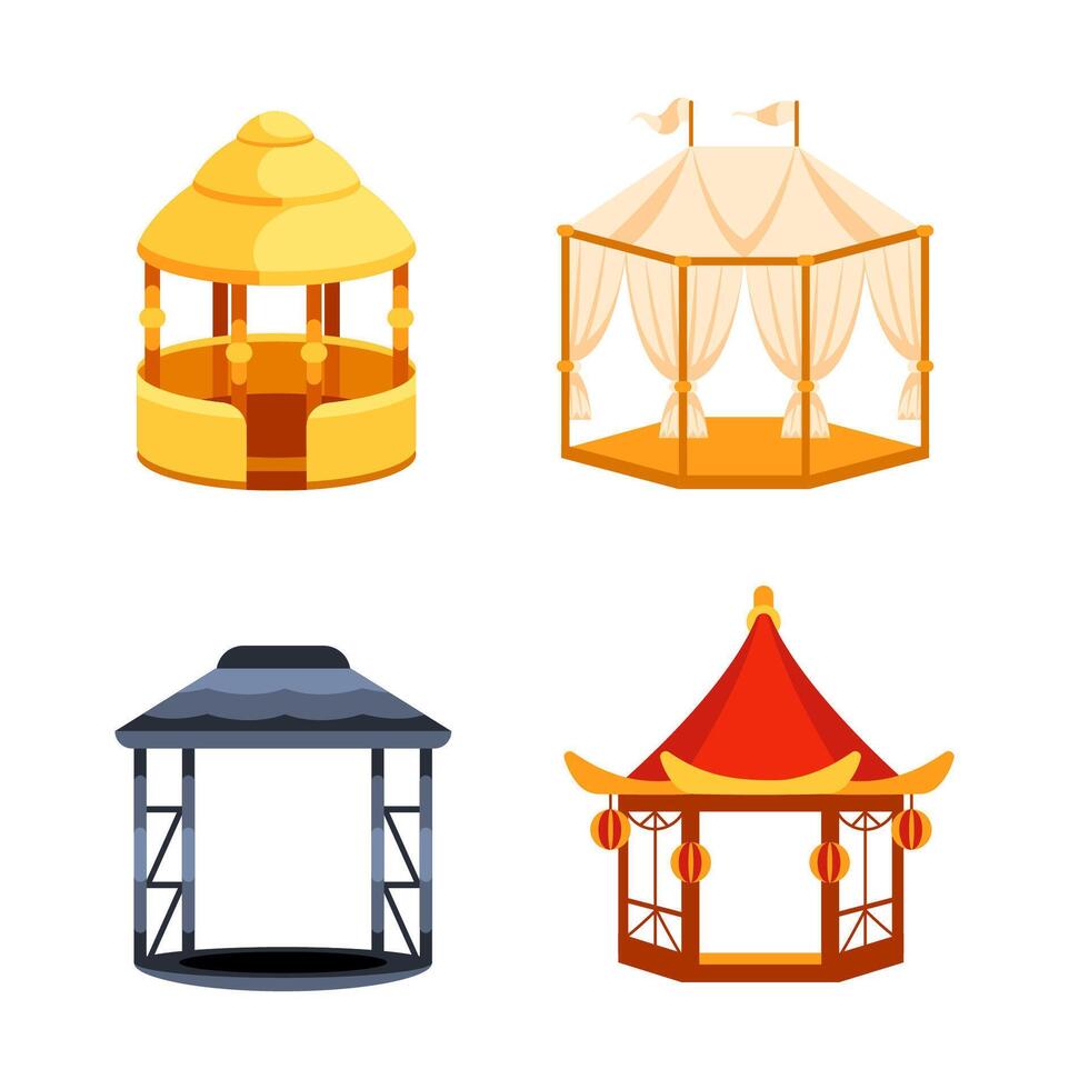 Four colorful illustrations depicting different gazebo styles, ideal for representing outdoor relaxation, garden design, or architectural diversity vector