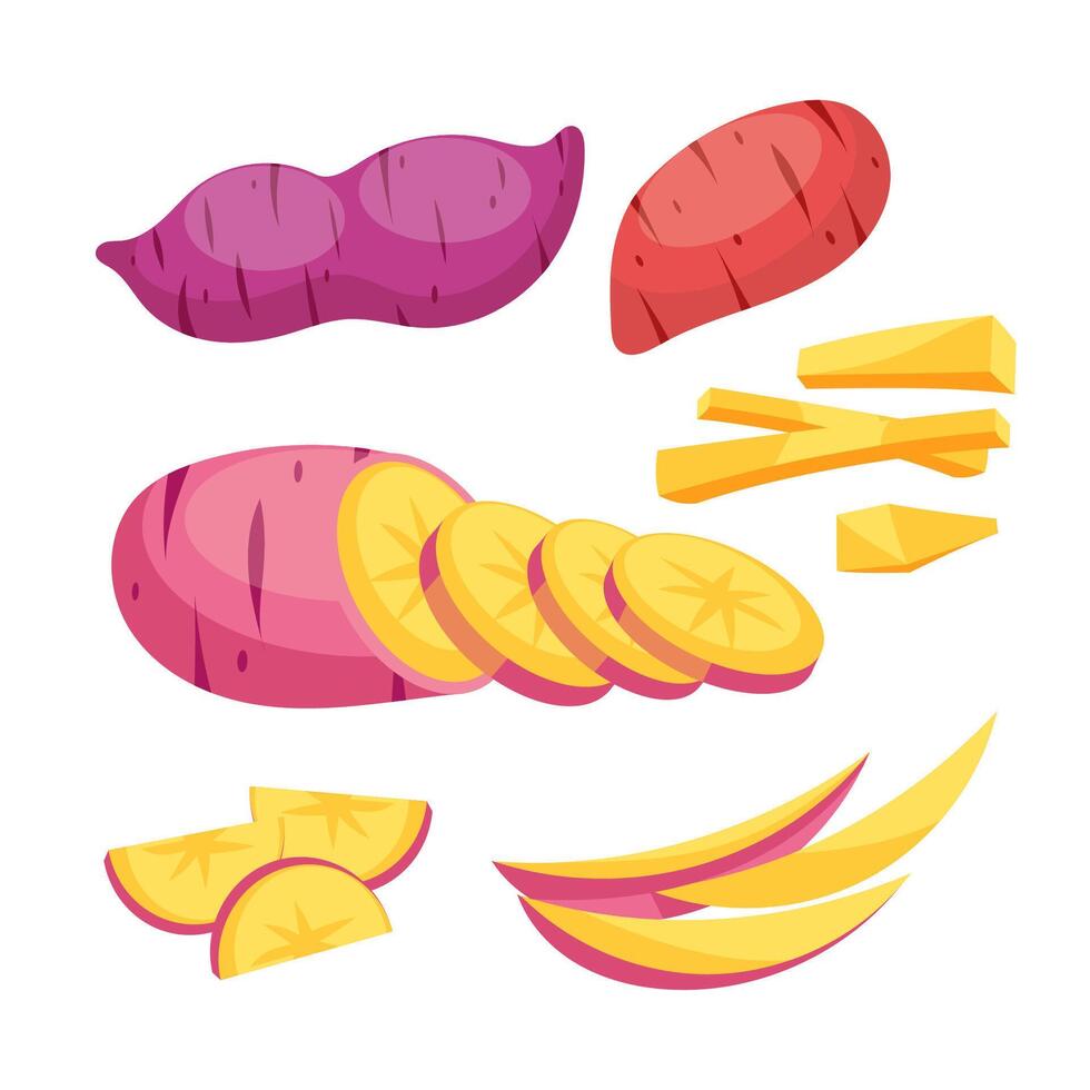 Fresh sweet potatoes in vibrant colors sliced, diced, and ready for cooking, perfect for a healthy meal full of vitamins and antioxidants vector