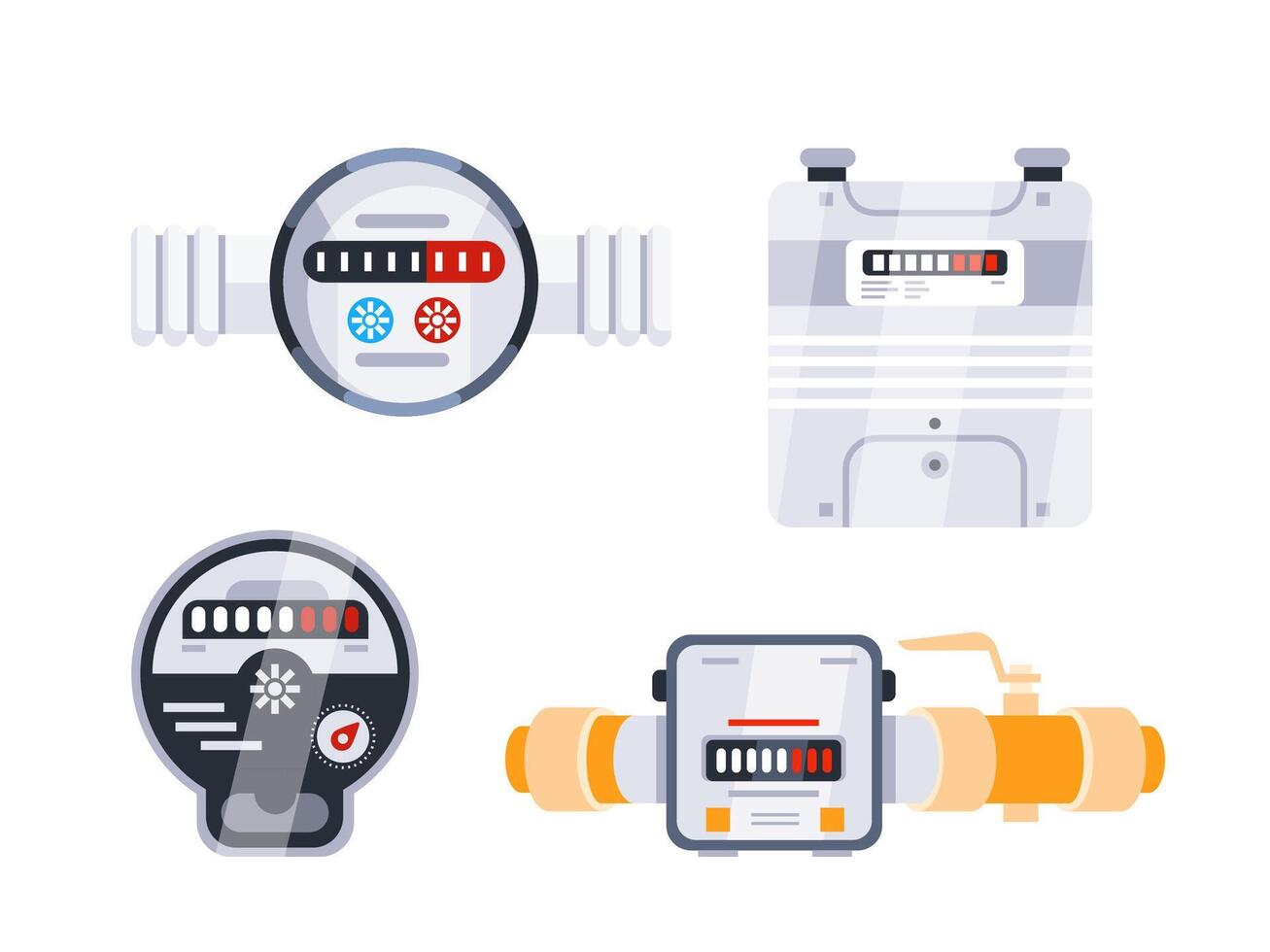 Different types of water meters are shown, measuring the amount of water used in a residential or commercial setting vector